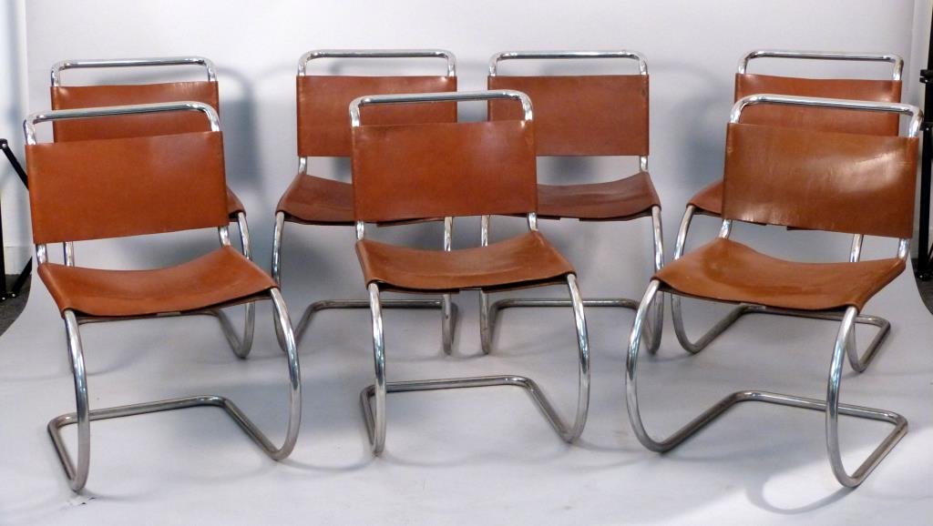 7 Mies van der Rohe for Knoll MR Chairs: With distressed leather seats and back, two with tears, most with restorations, tubular chromed steel frames, 19 W x 14 1/2" D x 31" H."