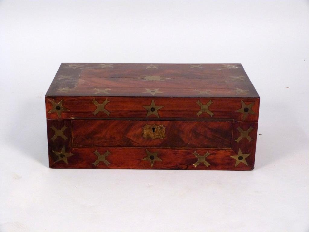 Antique English Rosewood Lap Desk: Brass star inlays, brass handles, interior felt top, interior compartment needs restoration, 19 1/2 W x 11" D x 7 1/2" H."