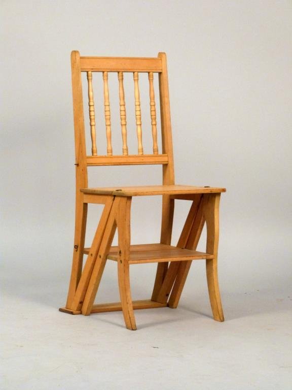 Putnam & Co. Step Ladder/Chair: Oak chair opening to a step ladder, ladder: 16" W x 20 1/4" D x 34 3/4" H.