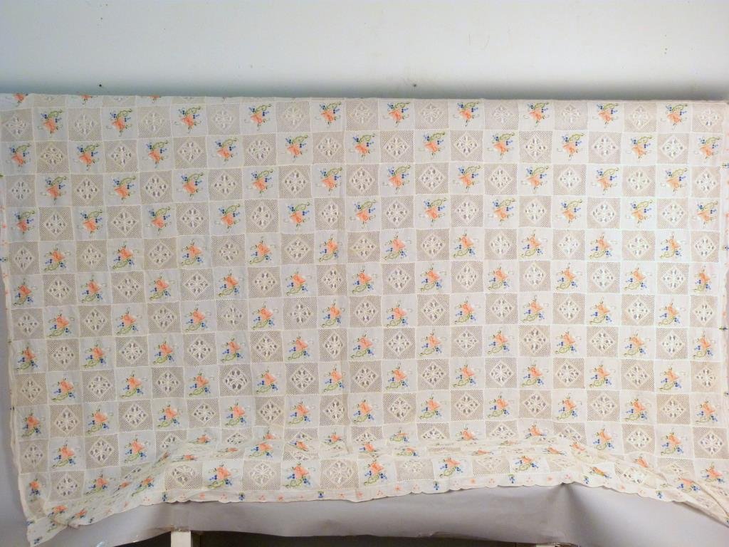 Handmade Lace and Embroidery Table Cloth: No visible staining or other condition issues, 86" W x 100" L.