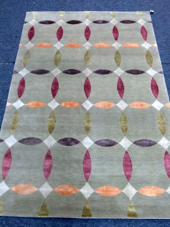 David Shaw Nicholls Tibetan Wool/Silk 6' x 9'2": Plato Ruby' pattern. Greens, red, orange, purple.