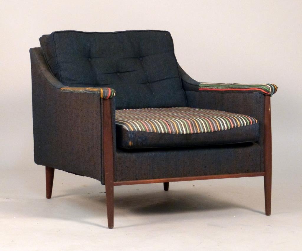 Paul McCobb Style Lounge Chair: With slope arms and wood frame, deep low seat, 30 1/2" W x 36" D x 27 1/2" H, in need of re-upholstery. (Forest Hills Gardens Estate)