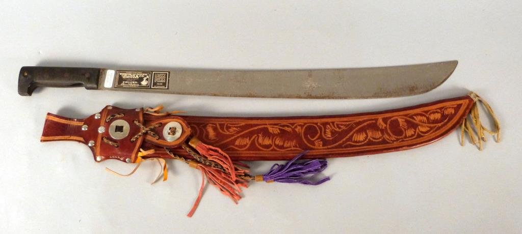 Reproduction Machete in Leather Sheath: Labeled Busquese la Estampa, Collins & Co, Hartford, Hecho en Guatemala, 30" L.