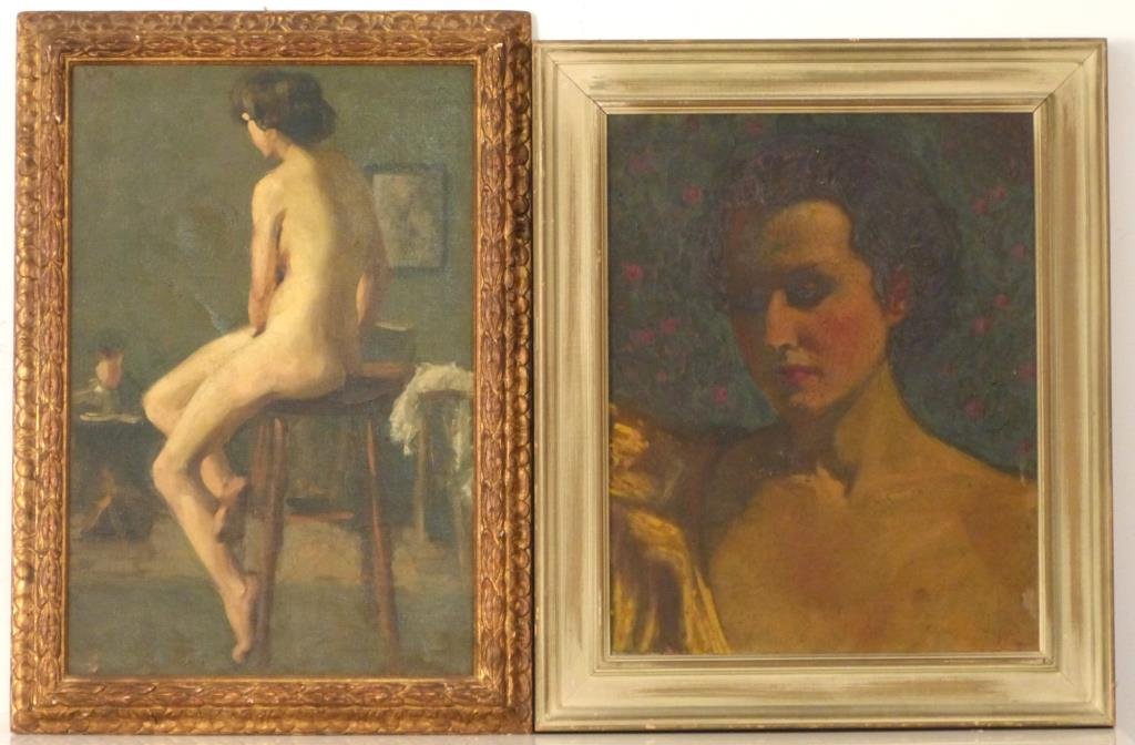 2 Unsigned Oils on Canvas - Women: Portrait of a woman; 20 1/2" x 16 1/2" W (26" x 22"); Model in artist's studio: 23" H x 15" W (27 1/2 x 19 1/2).