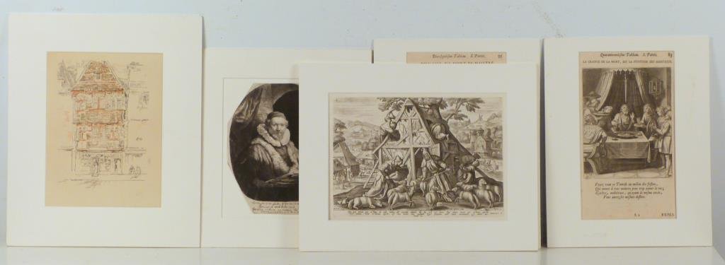 5 Etchings - After Rembrandt, Vaenius, Whistler et: Rembrandt "Jan Uytenbogaert", Otto Vaenius antique prints (2), Whistler lithotint reprint, and Hendrik Goltzius"The Shepard and His Flock", largest: 8" X 11" (12 1/2" x 15 3/4").