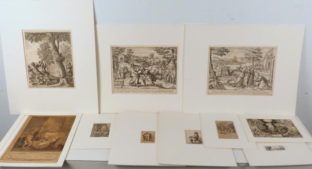 10 Old Master Style Etchings and Prints: Figures and landscapes, various sizes, largest: 8" H x 11" W (16" x 20"), smallest: 4" H x 3" W (10" x 8").