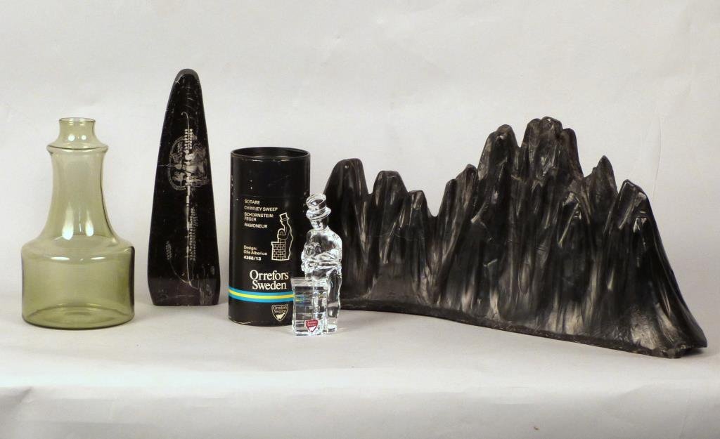 Stone Mountain & Three Articles Swedish Art Glass: Green glass signed illegibly, Kosta obelisk, Orrefors chimney sweep (in original box), and stone mountain (chipped), mountain: 21" L x 6" D x 9" H.