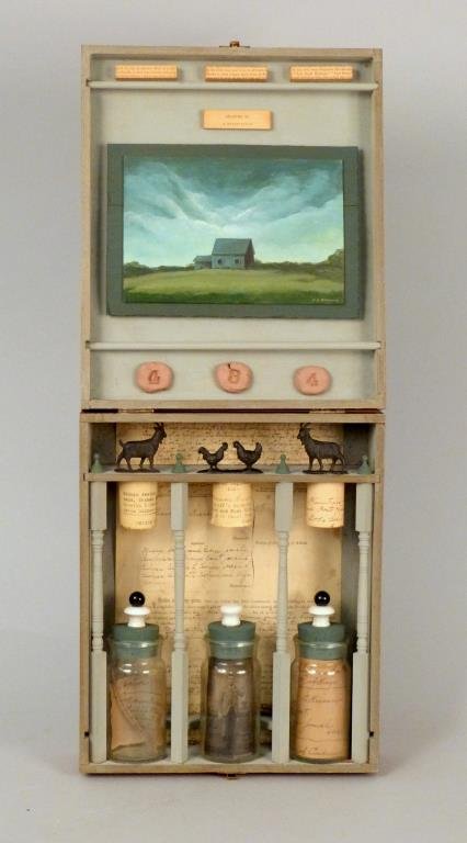 After Joseph Cornell (1903–1972) - Diarama Box: Interesting article of woman Eleanor Kissaw(m). Bottles, hand written notes and a notice of pending action by her to... Painting signed Godwin. 10" X 12" X 3 1/2" closed box.