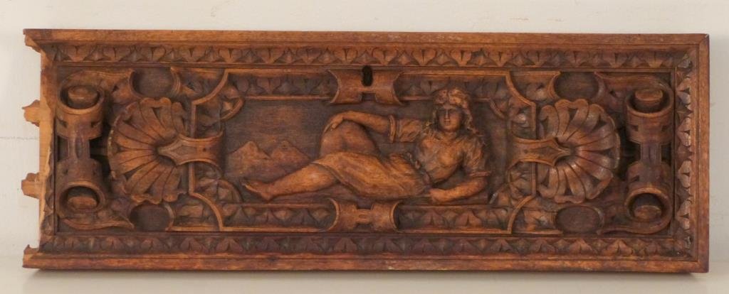 Italian Wood Carved Drawer Panel: Man in classical dress lounging, loss to left side 7 1/2" H x 21" W.