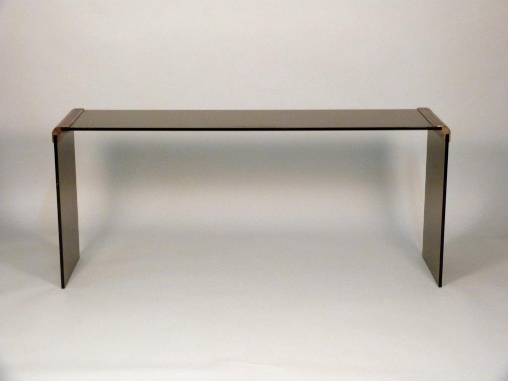 Leon Rosen for Pace Collections Glass Console: Tinted glass (scratches), with patinated metal joints, 60" W x 15" D x 26" H.
