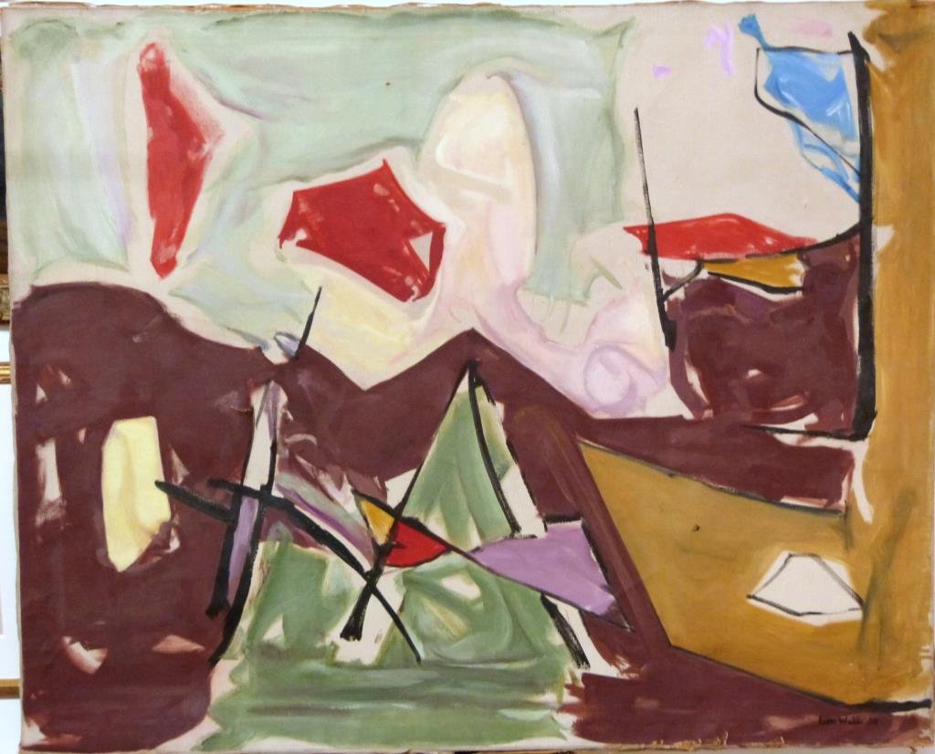 Leon Wall (1918-1980) - Oil on Canvas: "Equatorial" - Abstract in colors. Betty Parsons Gallery Label. Sticker of Rachel Wall. AS IS Condition, has holes and is coming off stretcher. Signed and dated 1958. 42" X 52"
