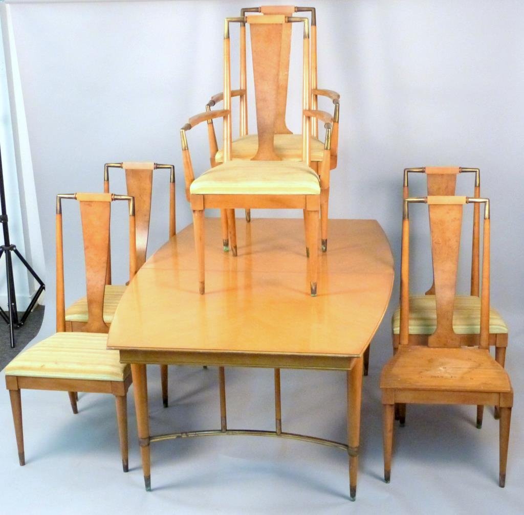 7 Piece Bert English Dining Set (2 leaves): Table and chair with brass plated mounts, chairs with burled back splat, armchairs: 23 1/2" W x 17" D x 43" H, table: 69 1/2" L x 44" D x 29" H, leaves: 15" W.