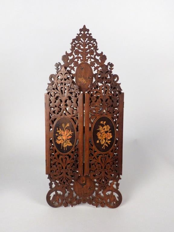 Italian Carved Table Top Mirror with Easel Back: Ornately carved and inlaid, small cracks.