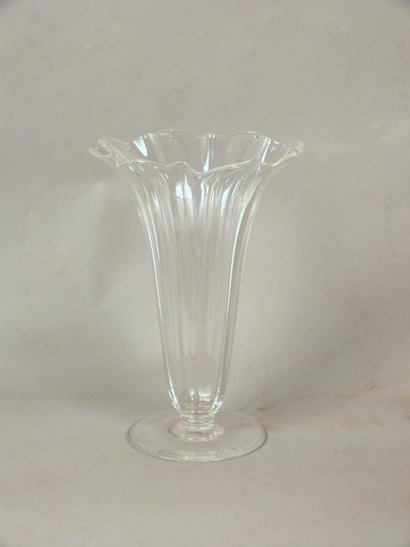 Steuben "Grotesque" Style Tall Vase: Trumpet form with ruffled edges, 8 1/2" W x 12 1/4" H. Signed on base, very good to excellent condition.