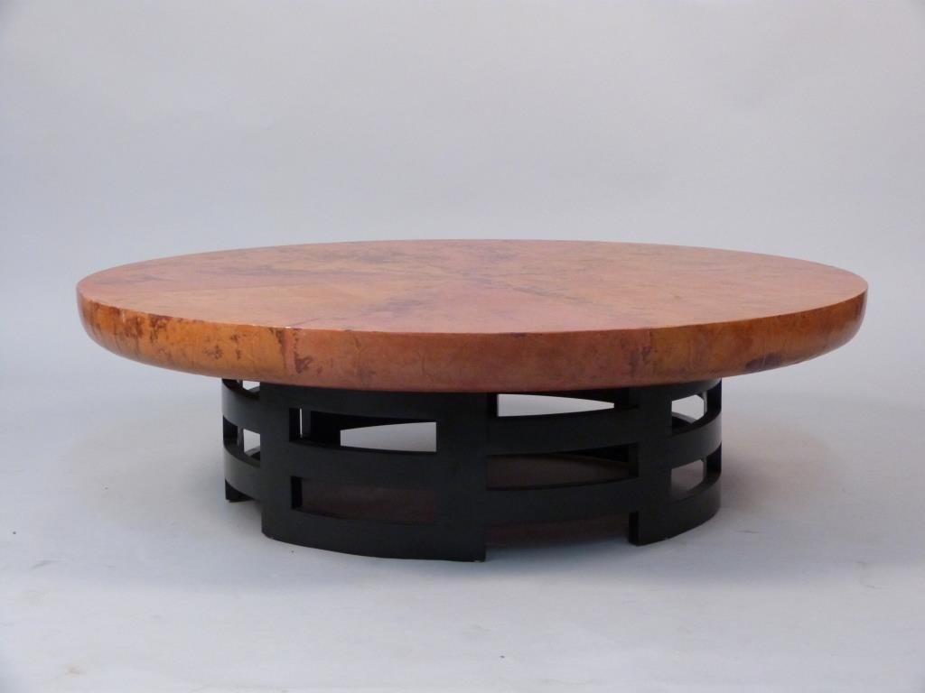 Kittinger Mid-Century Coffee Table: With ebonized lattice base and added faux parchment top, 48" D x 14" H. Designed by Muller & Barringer.