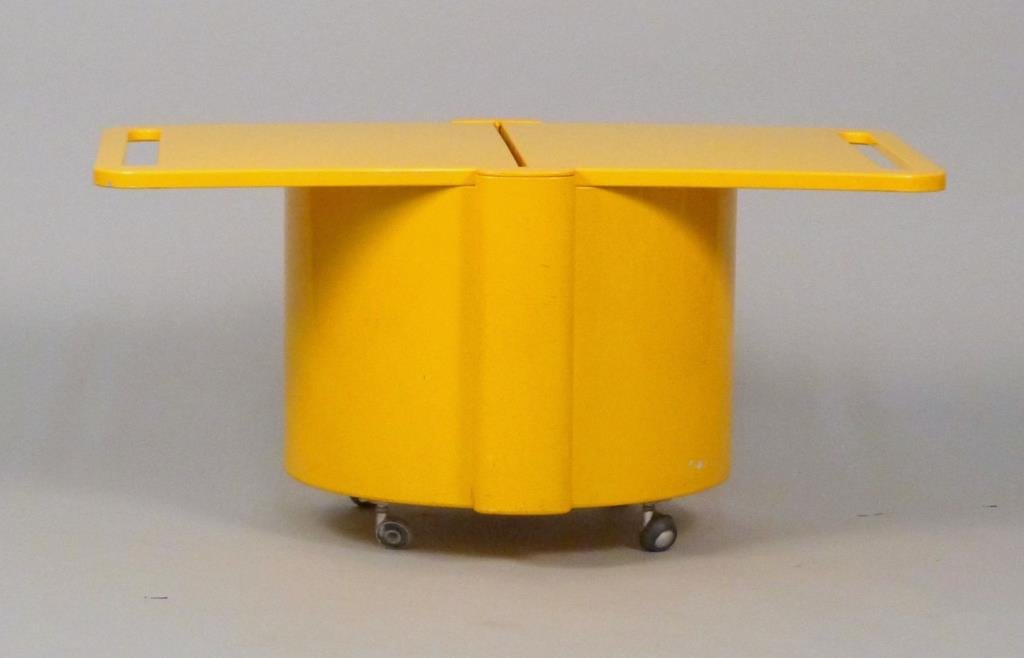 Kartell Style Bar Table: Yellow ABS plastic, with collapsing table top, on casters (partial loss to one caster), dirty, but in good condition.