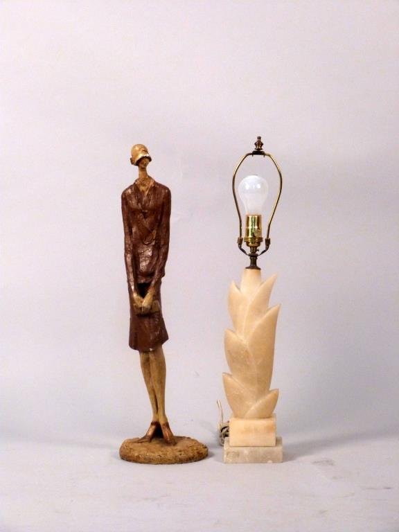 Art Deco Style Plaster Sculpture & Alabaster Lamp: Hand-painted female figure, some paint loss, acanthus leaf carved stone lamp, some scratches scratches to lamp, 25" H