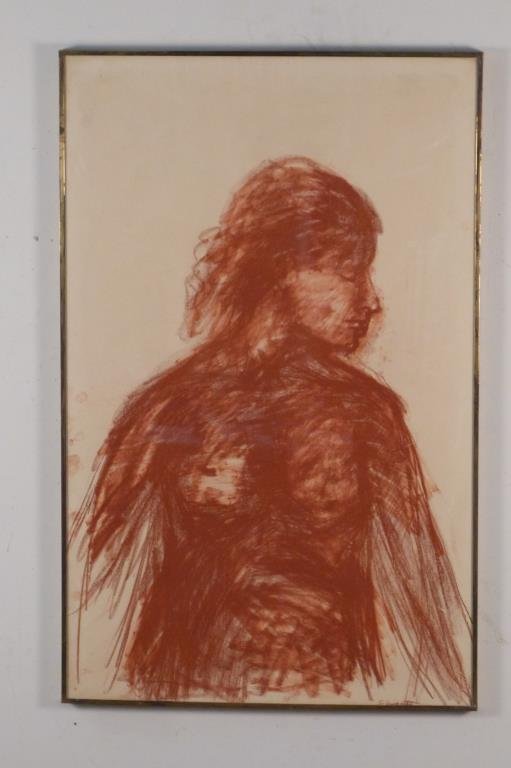 Signed Schwartz - Red Chalk on Paper: Figure study of a young woman, 39 1/4" h x 24 3/4" w (40" x 25 1/2") label on back of frame ex. Norman Kurshan