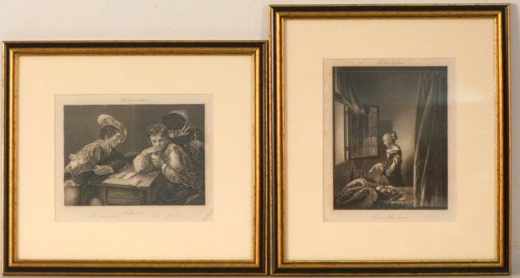 2 Antique Etchings: Continental two men: 4 1/2" H x 1/2" W (11" x 12 1/2"), women by window: 7" H x 5 1/2" W (12 1/2" x 11"), some foxing in margins of both.