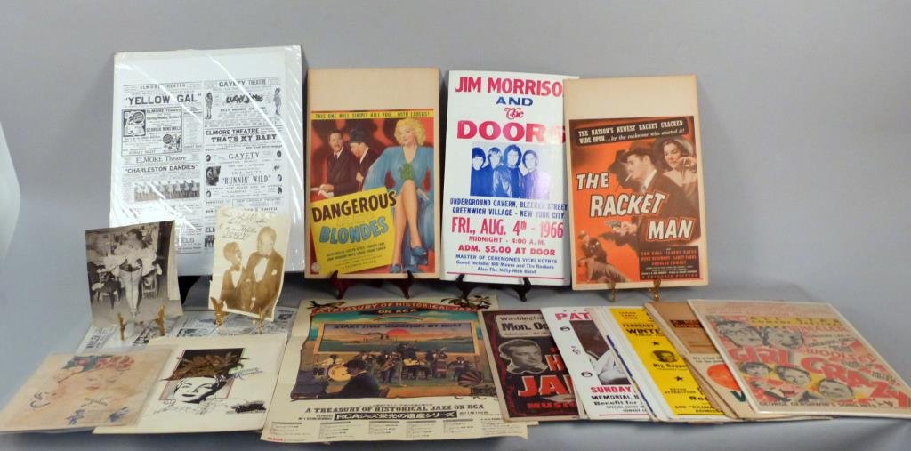 Assorted Memorabilia and African-Americana: 5 reprints of early 20th Century playbills and advertisements of African-American performers; 10+ advertisements for live concerts (jazz including Bob Crosby; Rock and Roll including The Doors; Countr