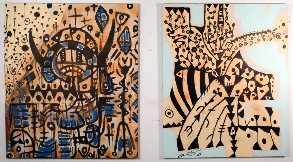 Danny Simmons - Pair of Abstract Paintings: Orange ground with figurative elements (unsigned), and blue ground with figurative elements, dated '05, both 54" H x 44" W. (Brother of Russell Simmons)