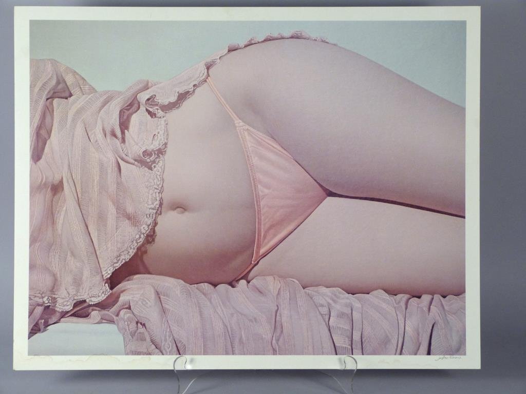 John Kacere - Print: Woman in lingerie reclining, water staining lower, 21" H x 27" W (22 3/4" x 29").