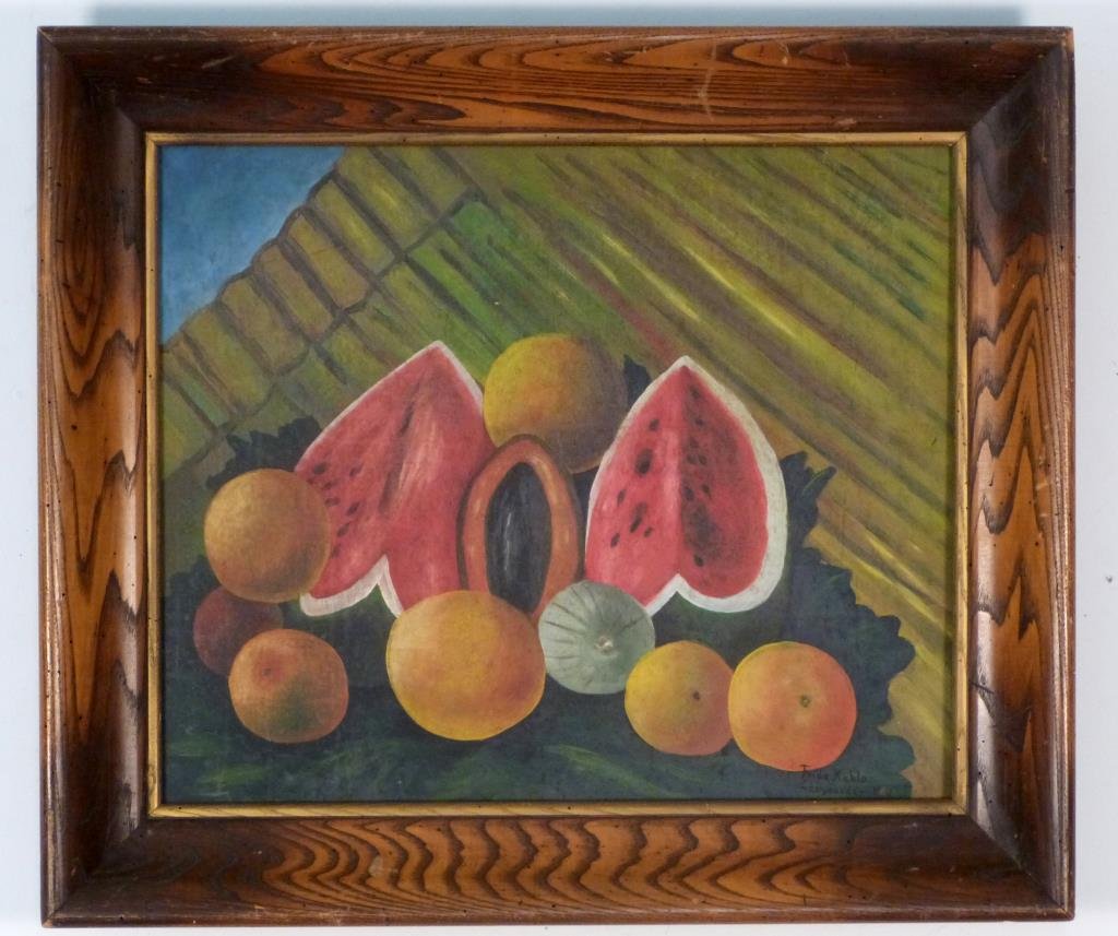 Signed Frida Kahlo - Oil on Masonite: Still life, 19" H x 23" W (26" x 29 1/2").