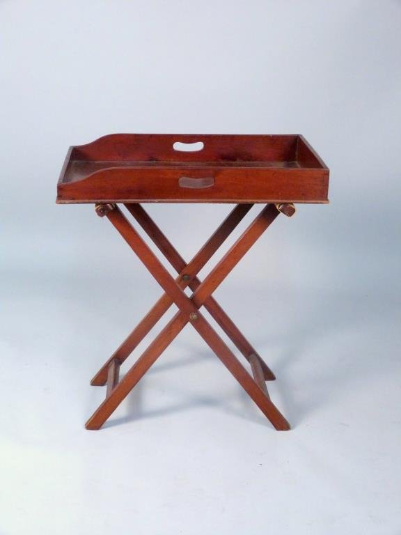 Antique English Tray on Folding Stand: Tray with sloping lateral edges leading to low front, 27 1/2" W x 17 1/2" D x 32" H.
