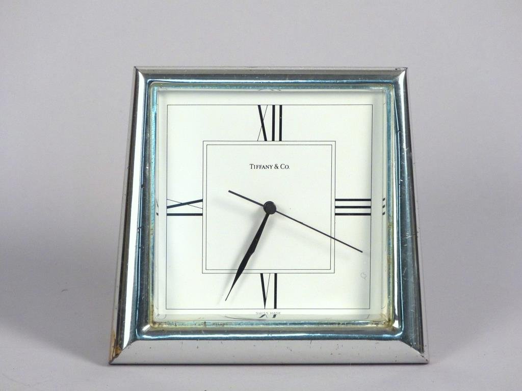 Tiffany Art Deco Style Table Clock: Some wear to finish. Retailed by Jean Roulet.
