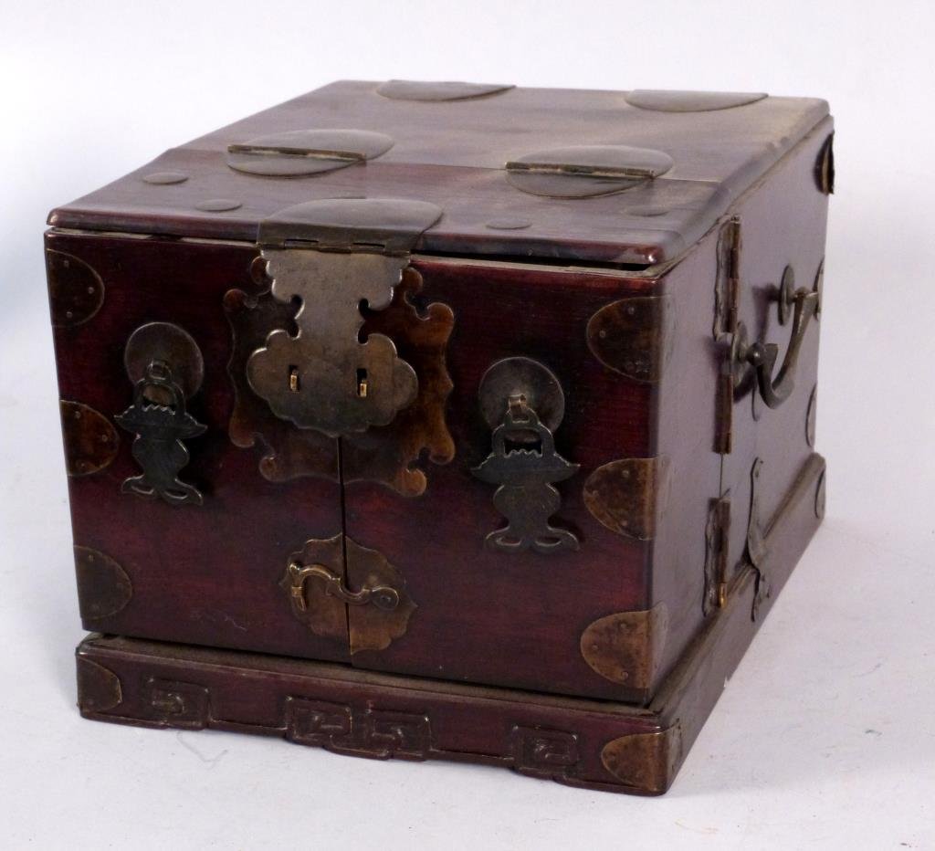 Chinese Dresser Box: Top opening to mirror, front opening to 6 drawers, flower basket and other ornate hardware, 9 1/4" W x 12" D x 8" H.
