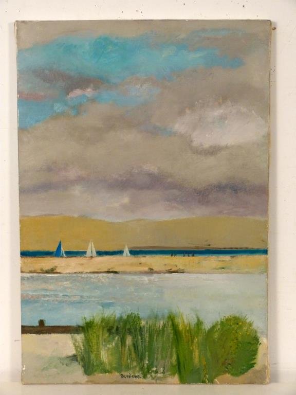 Guy Bardone (French, b. 1929) - Oil on Canvas: "Les Trois Voiles - Arcachon," signed lower middle, painted 1982, 28 1/2" H x 19 3/4" W.