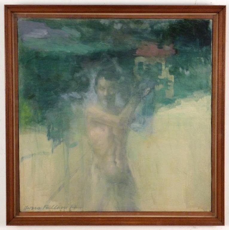 Mario Fallani (b. 1934) - Oil on Canvas: Nude with building, signed and dated '77 lower left, 19 3/4" H x 19 1/2" W (22 1/4" H x 22" W). Restoration patch on back.