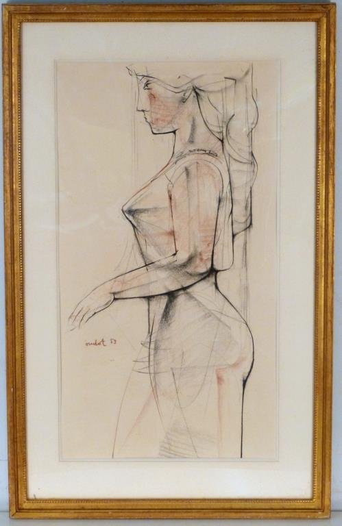 Georges Oudot (French, 1928-2004) - Drawing: Danseuse de profile, framed behind glass, signed and dated '59 lower left, stamped Findlay Galleries, New York on verso, 28 3/4" x 15 1/2" (37" x 23 1/4").