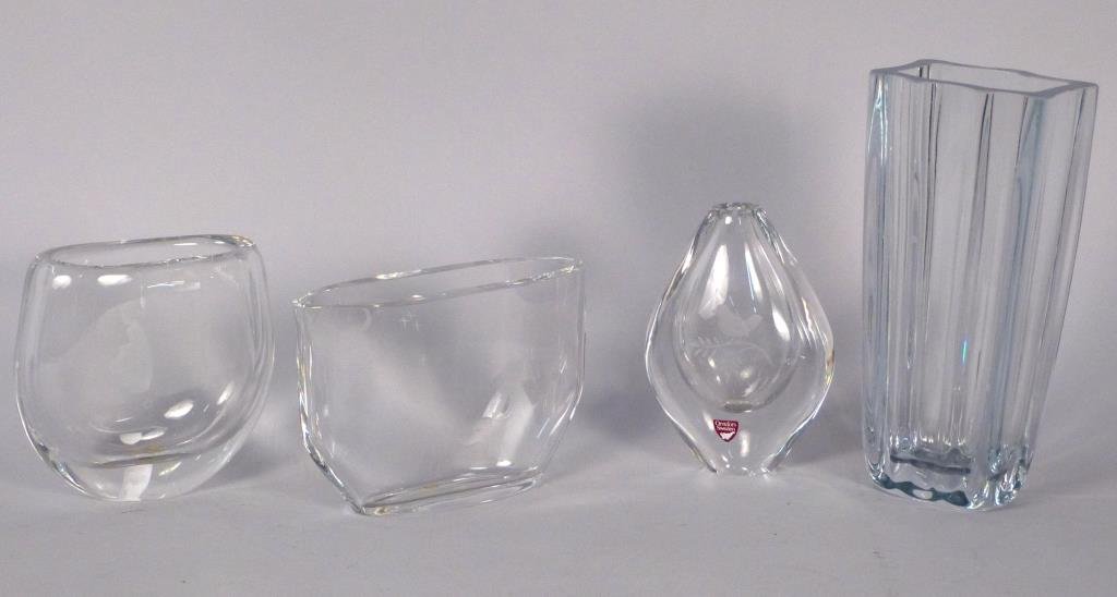 Four Swedish Crystal Vases: Three etched design, Orrefors, one Stromborg, tallest 8"H.
