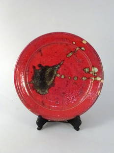 William Wyman Studio Ceramic Plate: Lip stick red with black/cream splash, signed and stamped. 11 1/2" D x 1 3/8" H.