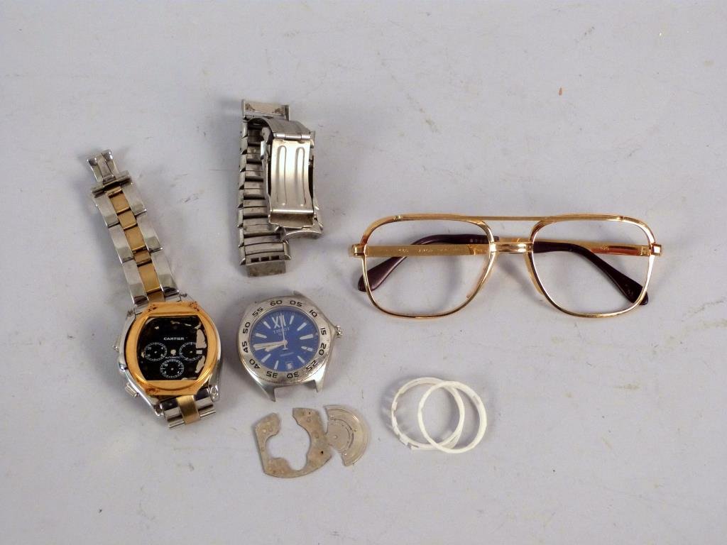 2 Men's Watches & Eyeglass Frame: Cartier, Tissot watches and Amor gold plated glasses. All as is.