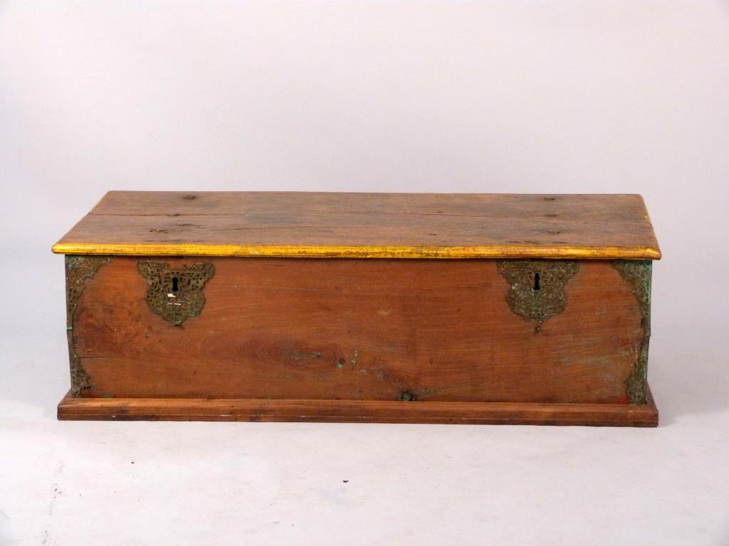 Antique Asian Blanket Chest: Applied metal escutcheons and trim,remnants of paint, 53" W x 21 1/2" D x 16 1/2" H.