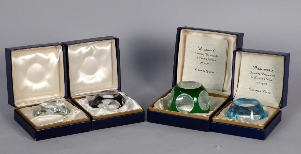 4 Baccarat Sulphide Paperweights: Depicting Andrew Jackson, unknown profile, two Thomas Paine, four odd boxes (three Baccarat, one other). Excellent condition.