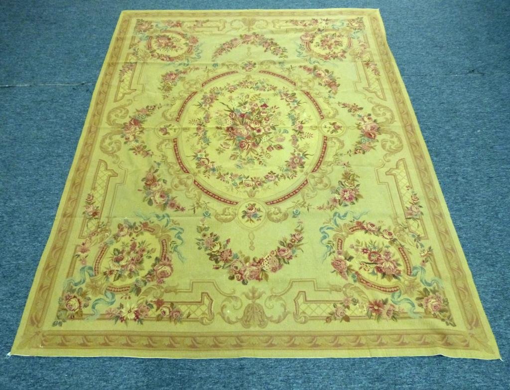 Needlepoint Carpet - 7'5" x 9'9": Aubusson style, with camel ground, several small areas balding.
