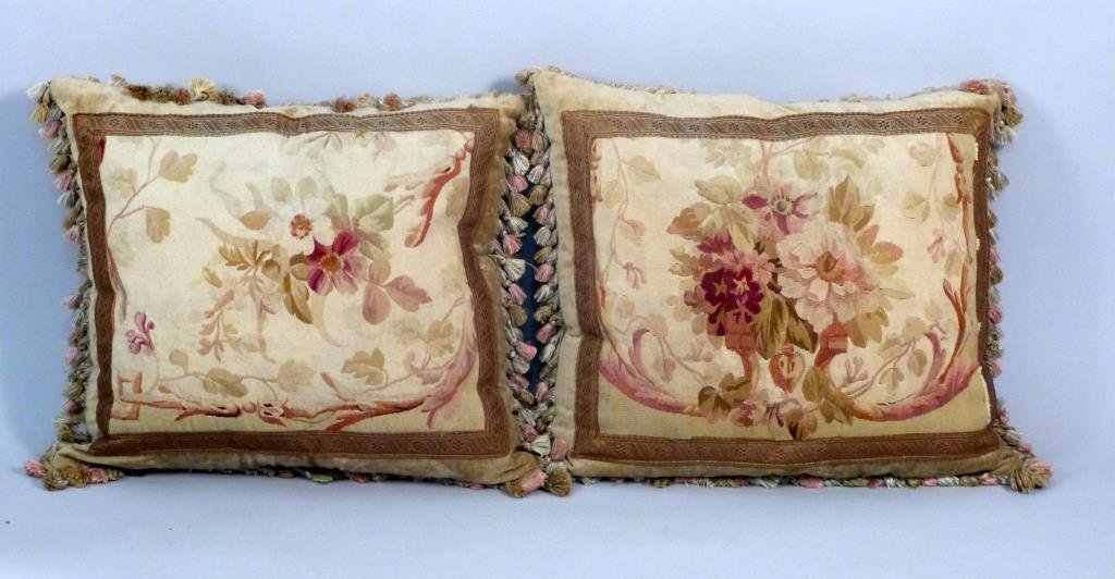 Pair of Large Aubusson Tapestry Pillows: Floral. 22" W X 19" H. Some areas loose at hem.