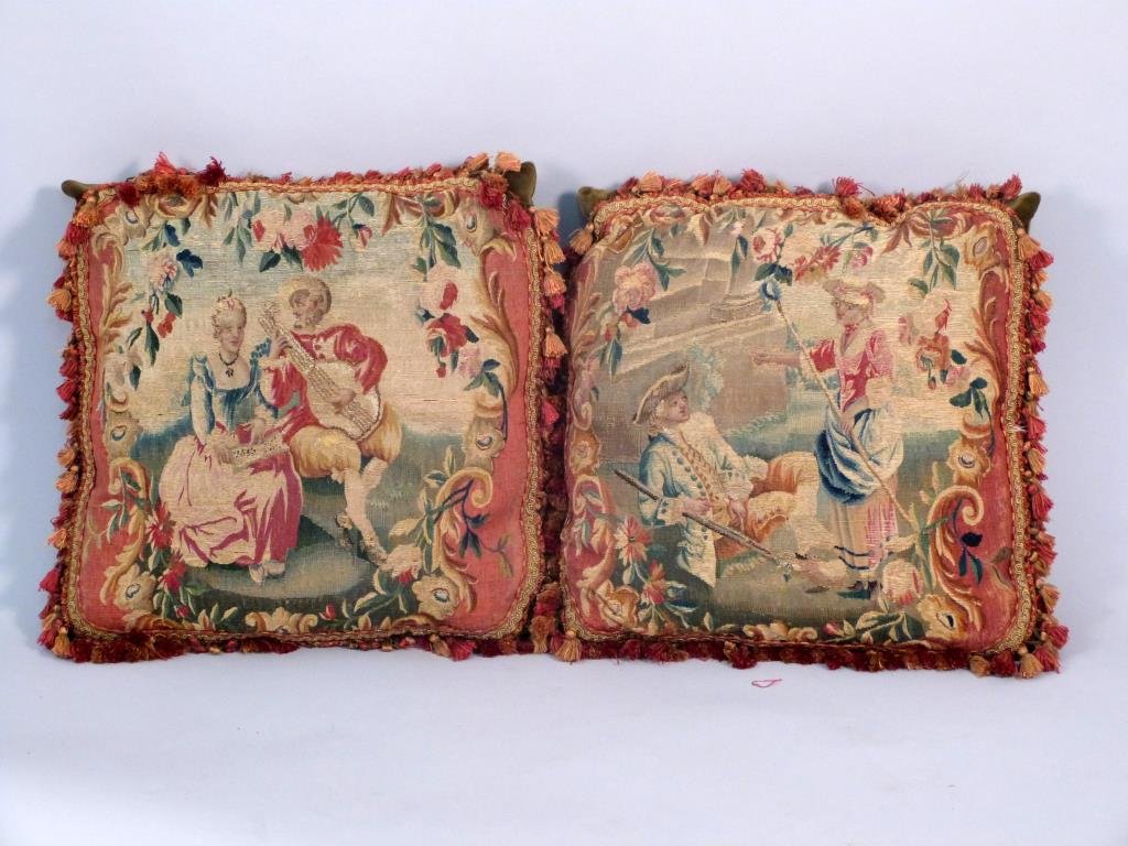 Pair of Figural Aubusson Tapestry Pillows: Courting couples. 18" W X 18" H.