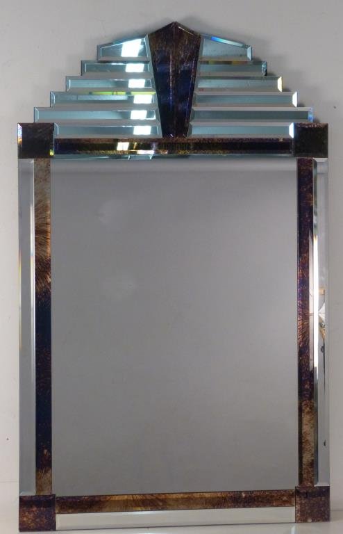 Art Deco Style Pier Mirror: With faux bois frame and architectural pediment. 51 1/2" H X 31 1/2" W.