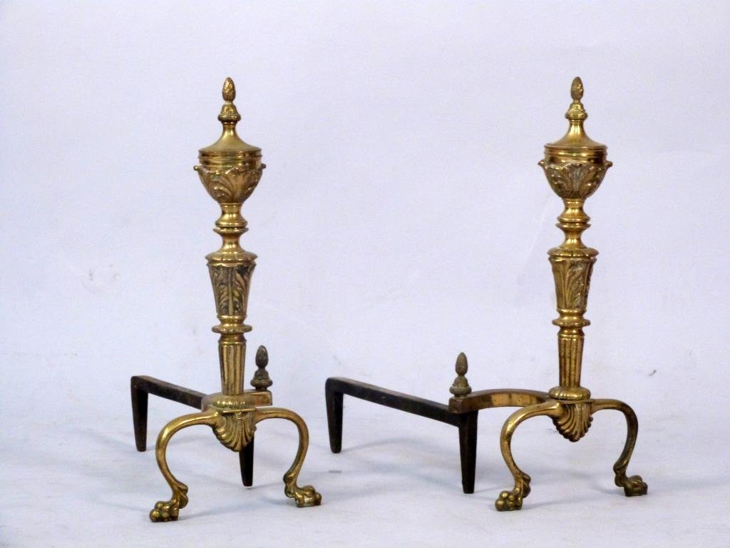 Pair of French Style Andirons: Gilt Metal. French style. 8 1/2" W X 17" D X 20" H.