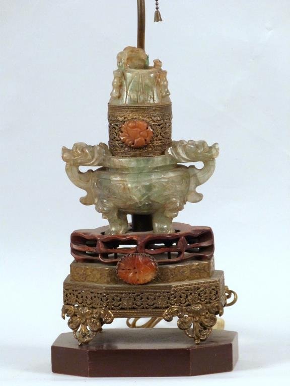 Chinese Jade Koro Lamp (as is): Chips on cover, cover fits awkwardly. With carnelian mounts, 30" H, Koro - 7 1/2" H. (East 25th Street Property)