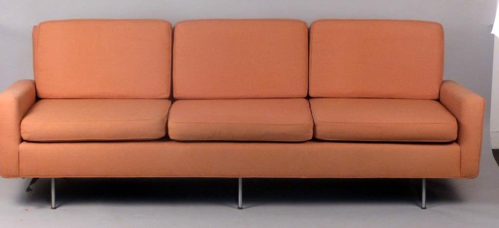 Florence Knoll 3 Seat Sofa: Salmon upholstery, loose cushions, block arms, conical chrome metal legs, missing one footcap, 89" W x 30"D x 31" H