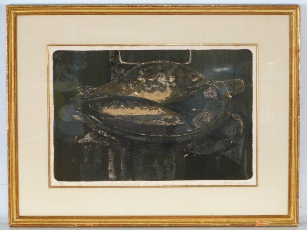 Andre Minaux (French 1923-1986) - Lithograph: les Poissons, framed behind glass, signed and numbered 5/20 lower right, Findlay tag on verso, 12" x 18 3/4" (21" x 27 1/2"), some foxing.