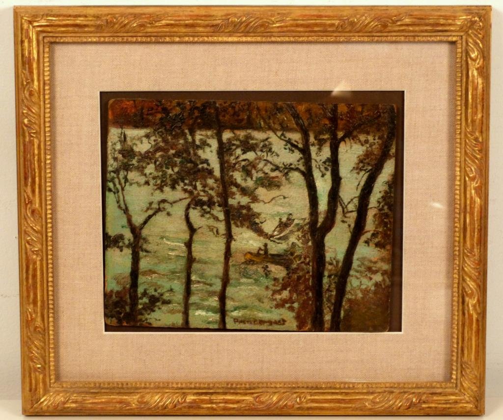 After Maurice Prendergast - Oil on Board: Oil on board, two canoes on a lake with foreground trees, 9 1/2"" x 13 1/2" W (12" x 16").