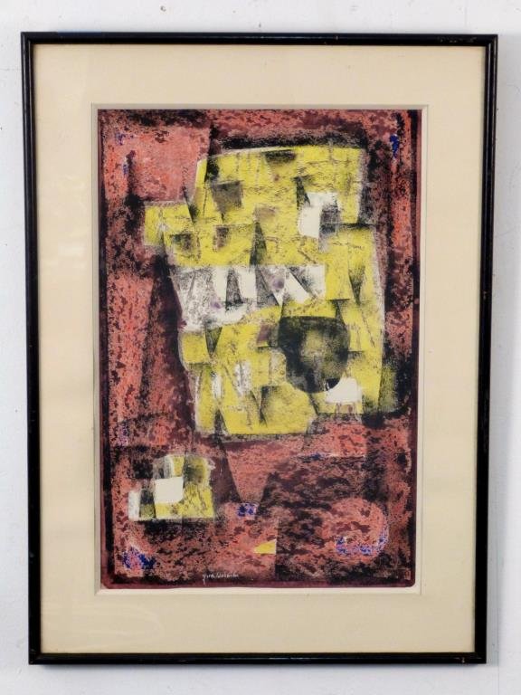 Jun Dobashi (Japanese/French, 1910-1975): Abstract, mixed media, signed lower middle, 13 3/4" H X 21" H (27 5/8 X 20 1/8). Arthur Lenars & Co. label on verso.