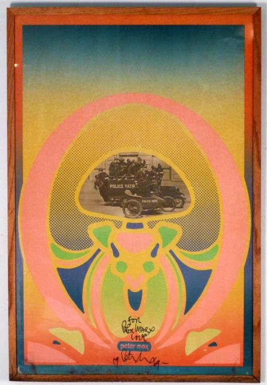 Peter Max Lithographic Poster: With photographic image of police personel in vintage vehicles, signed and personalized. 35 1/2" H X 23 1/2" W (37" X 25"). Water damage to lower edge.