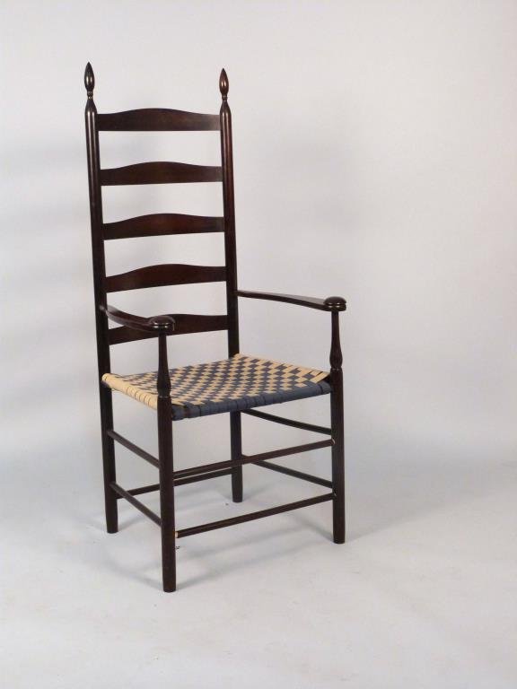 Shaker Style Ladder Back Armchair: Woven cloth seat, 23.5"W x 18"D x 51"H.